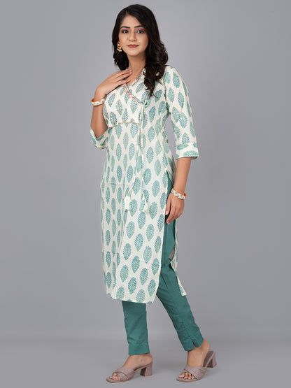 White Printed Stand collar Kurta with pant