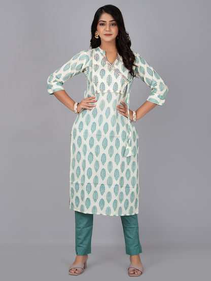 White Printed Stand collar Kurta with pant