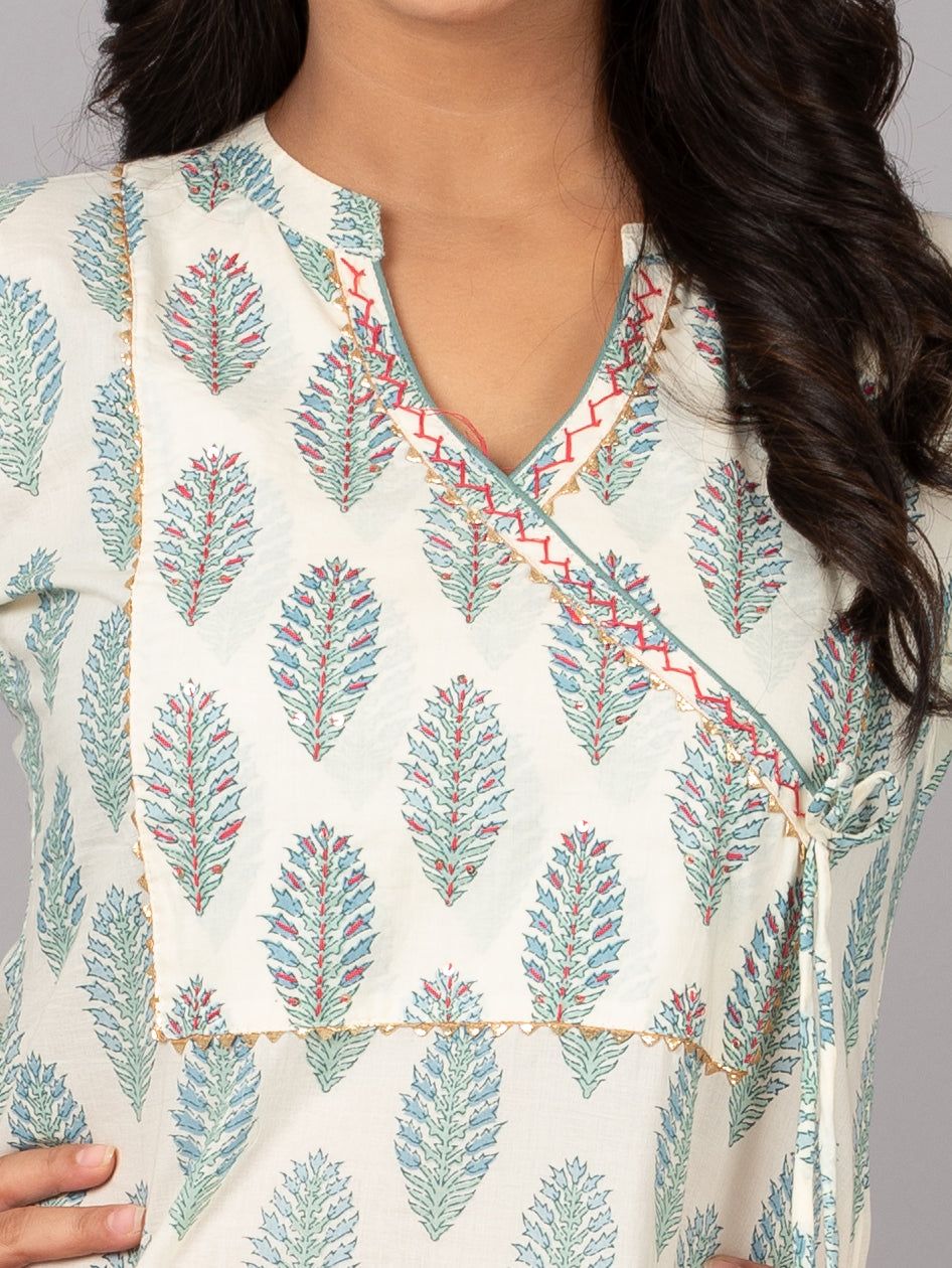 White Printed Stand collar Kurta with pant