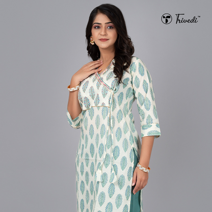 White Printed Stand collar Kurta with pant