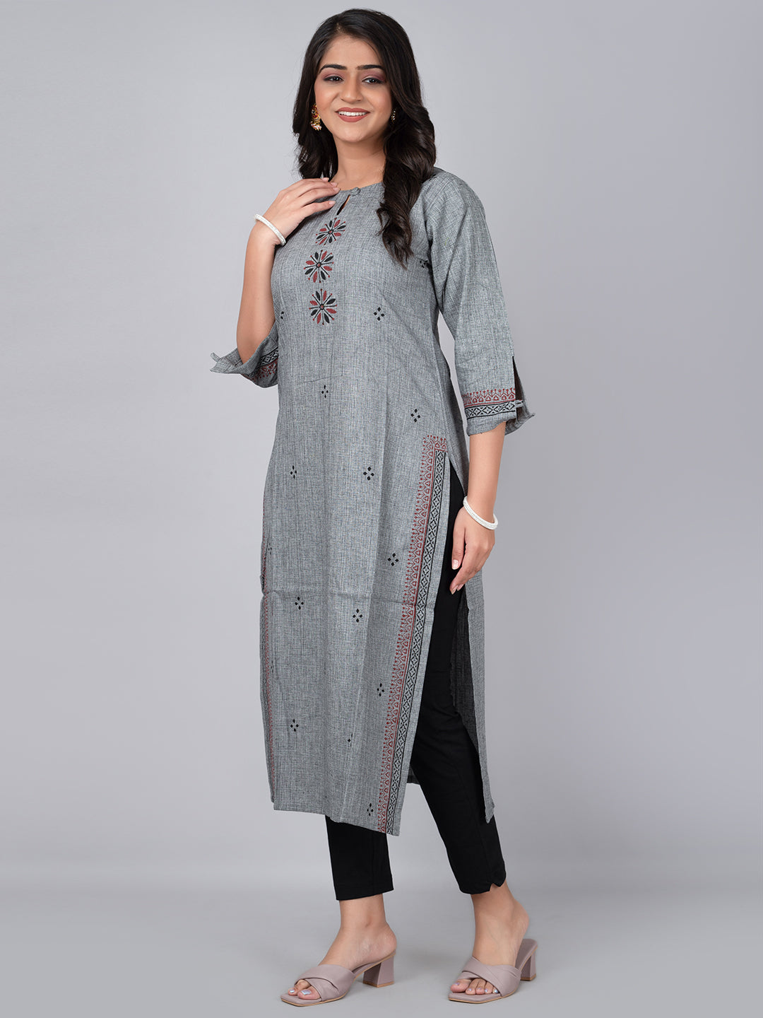 Grey Straight Kurta With Block Print