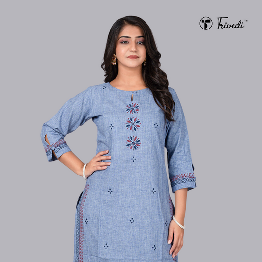 Blue Straight Kurta With Block Print