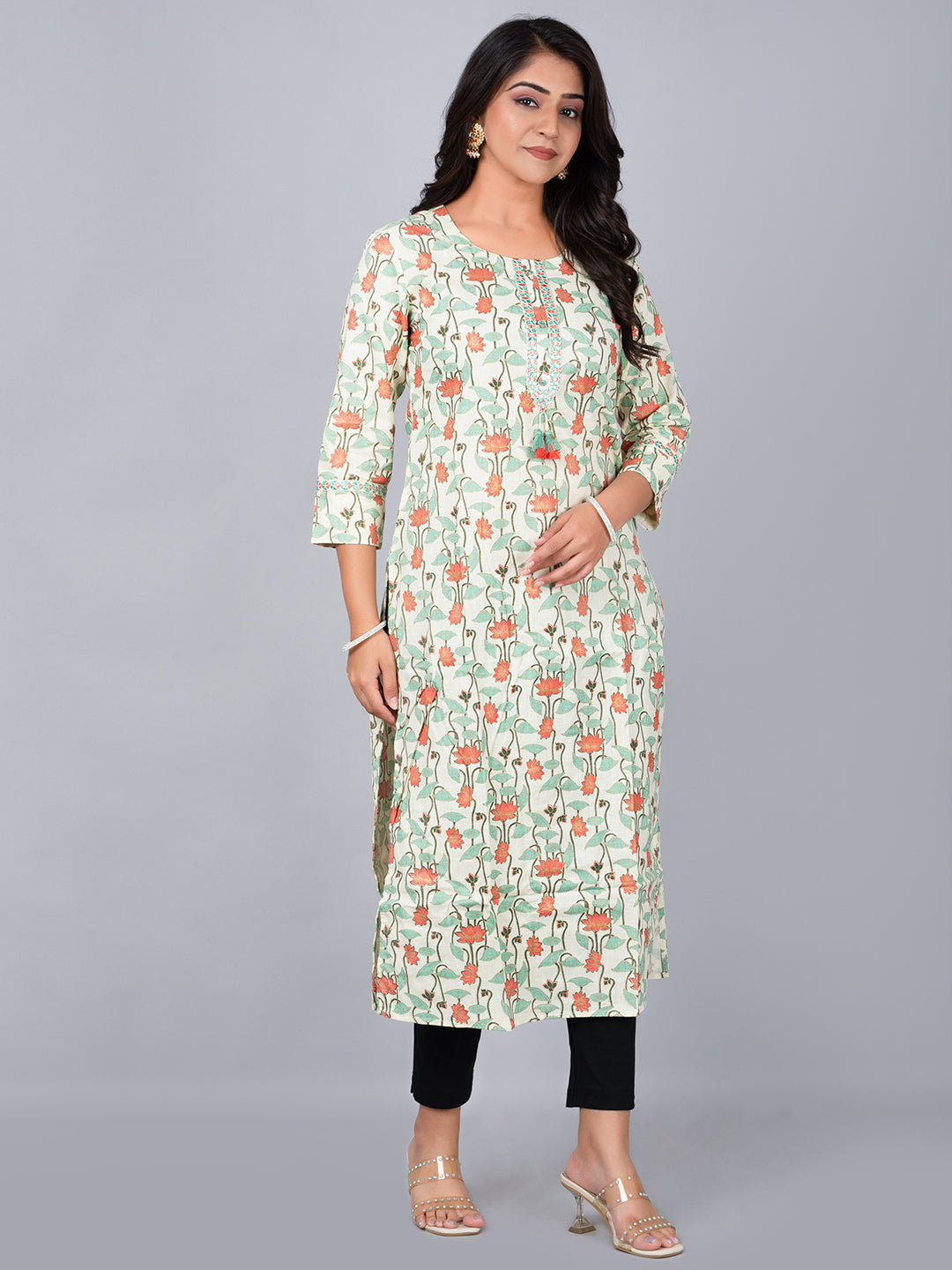 Floral Straight Kurta with Kalamkari Print