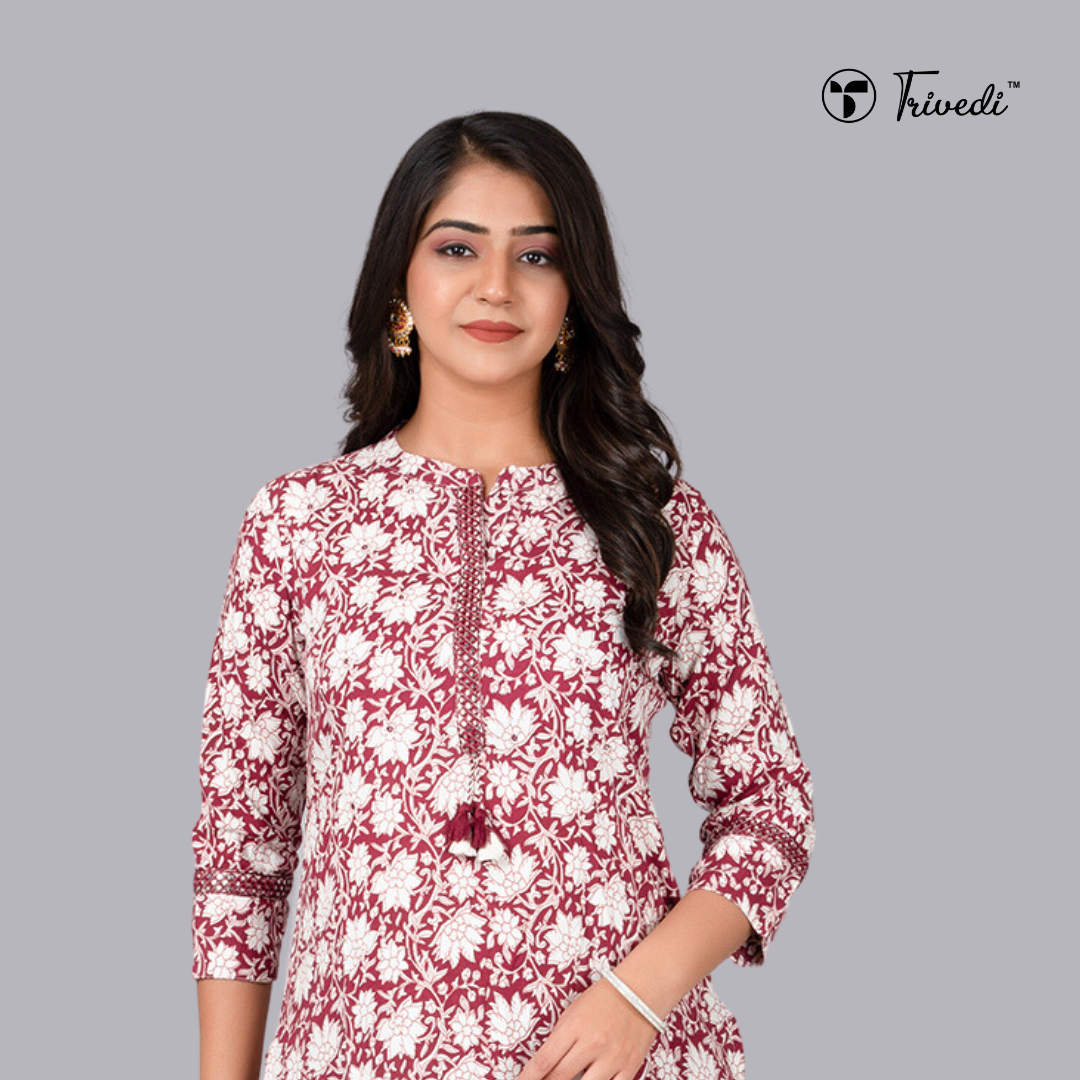 Floral Print Stand Coller Kurta With