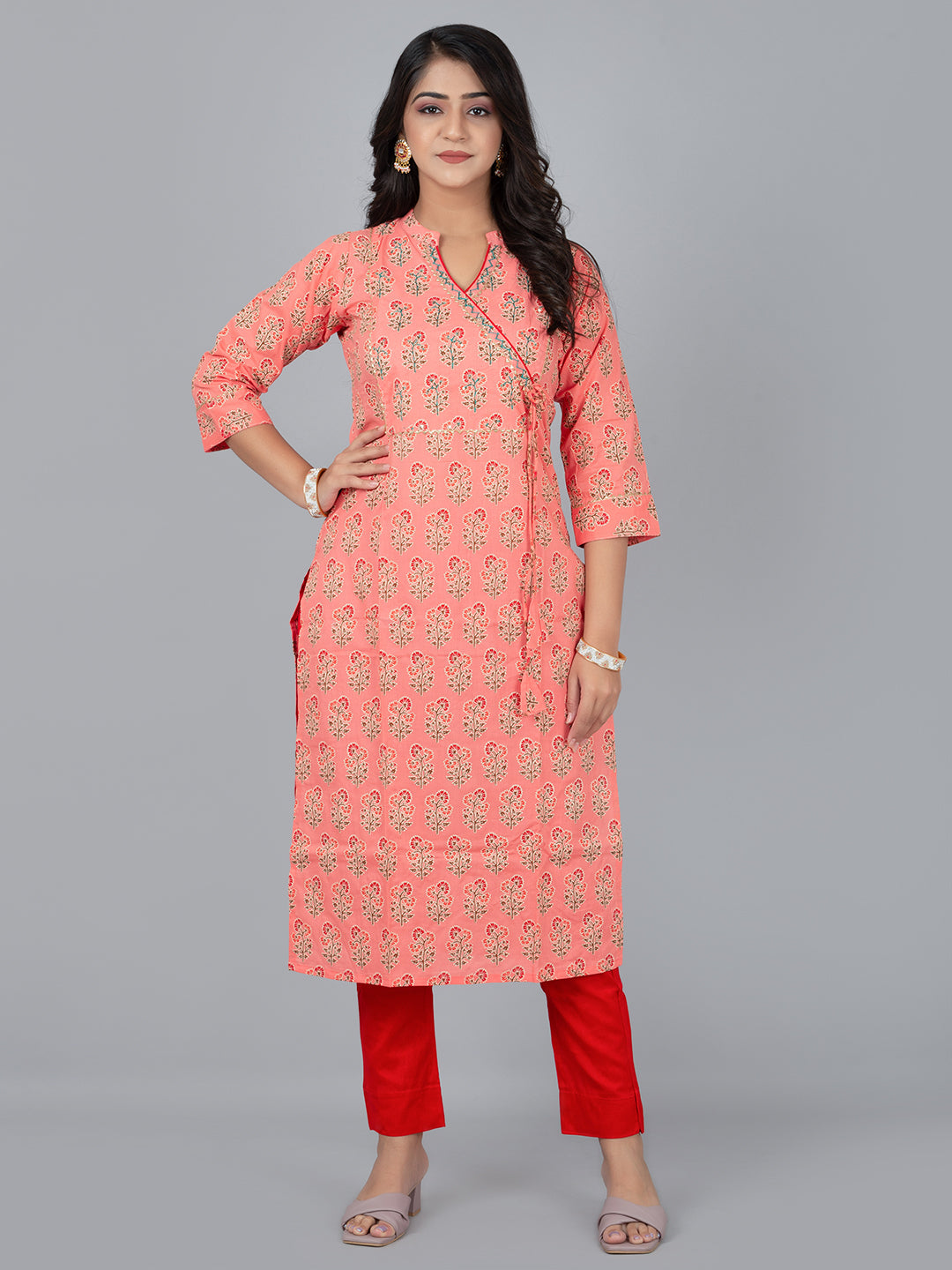 Peach Printed Stand collar neck Kurta with pant