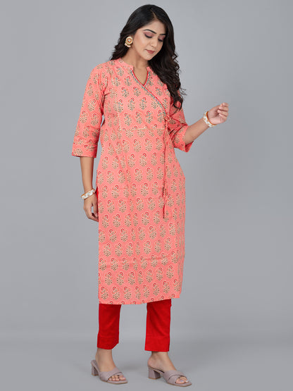 Peach Printed Stand collar neck Kurta with pant