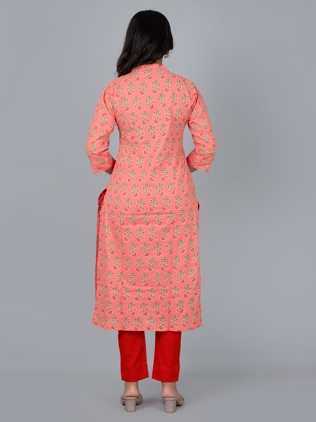 Peach Printed Stand collar neck Kurta with pant