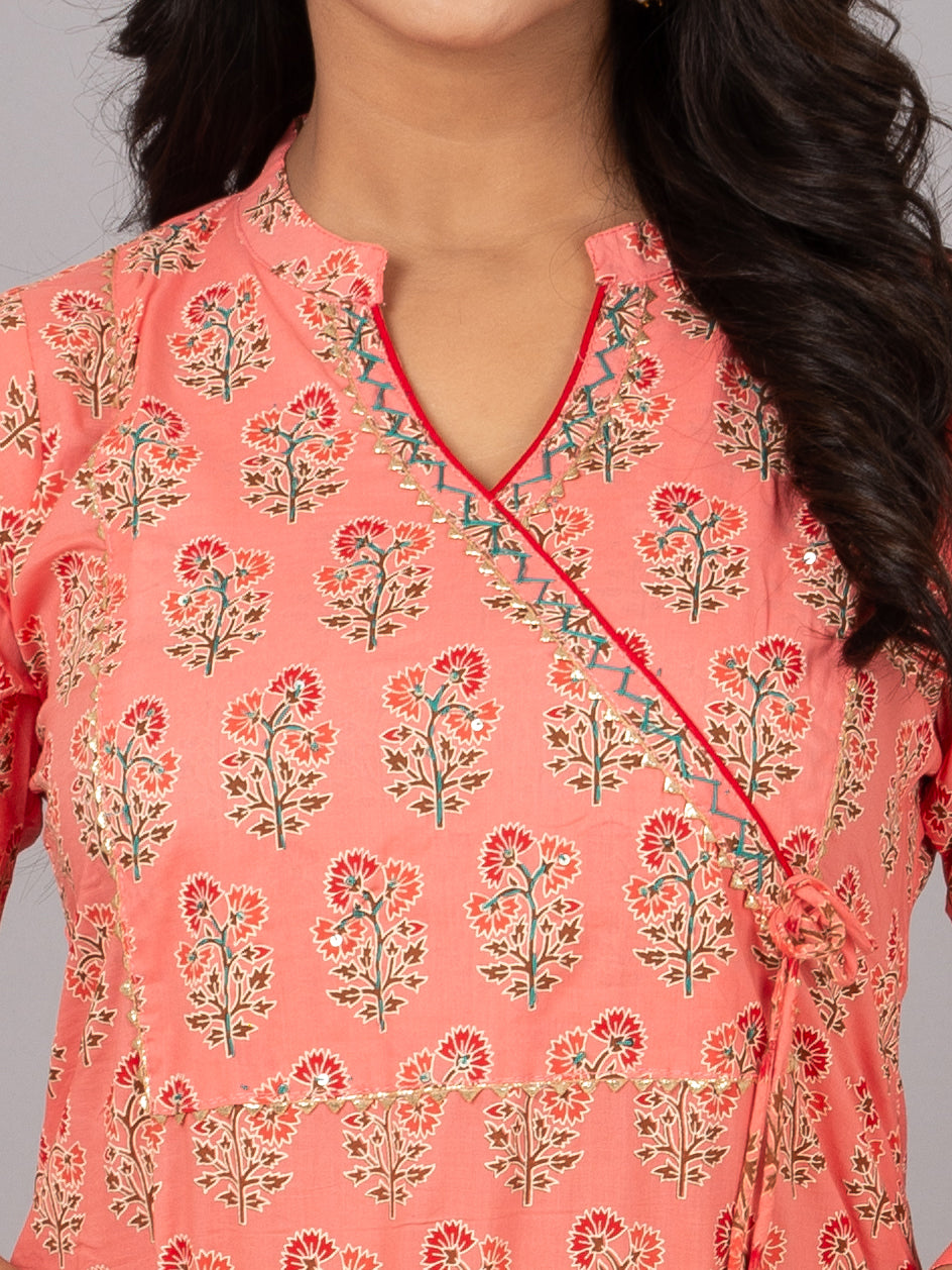 Peach Printed Stand collar neck Kurta with pant