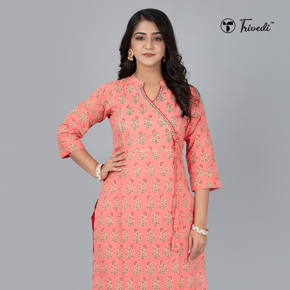 Peach Printed Stand collar neck Kurta with pant