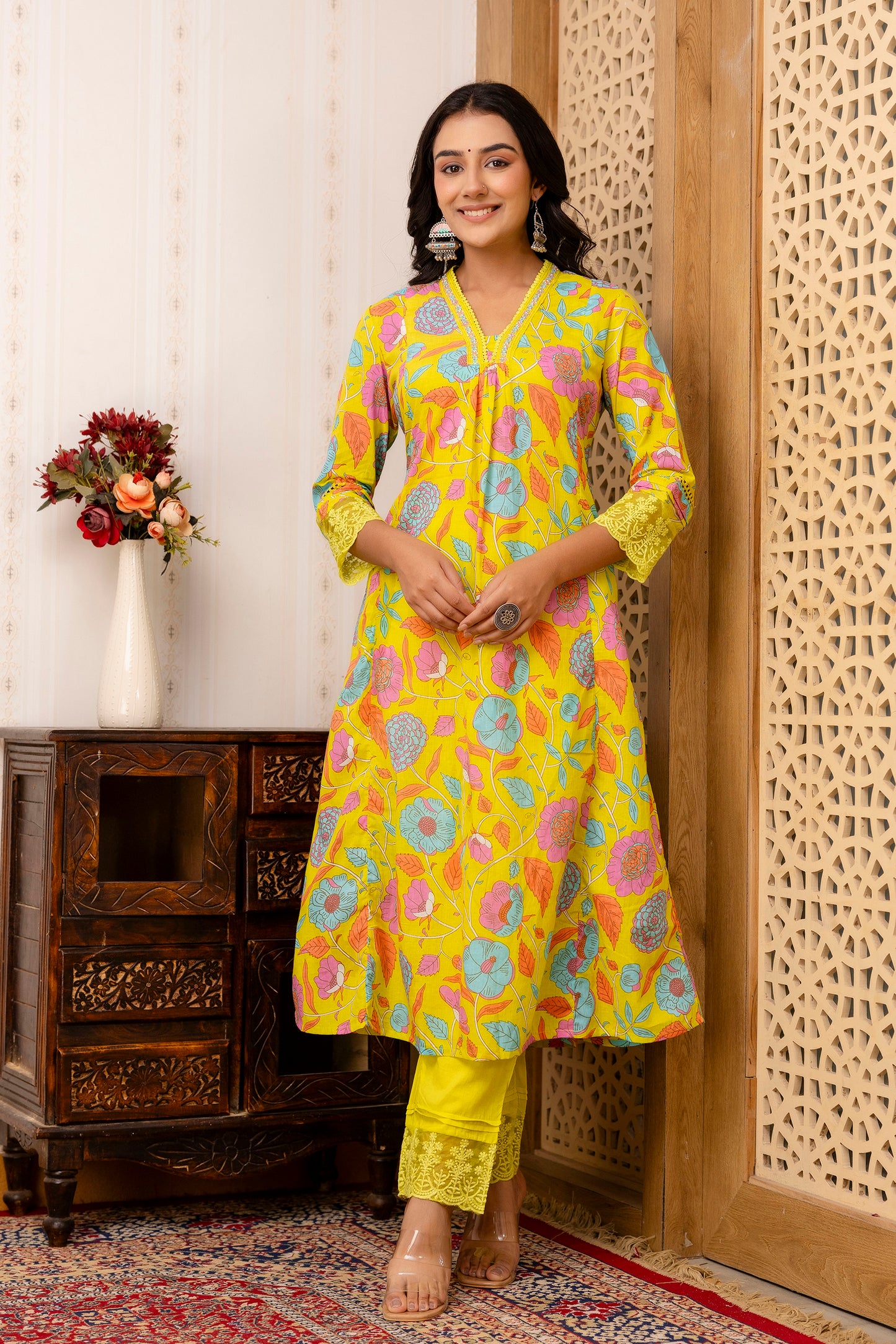 Anarkali Yellow Kurta Pant Dupatta Set