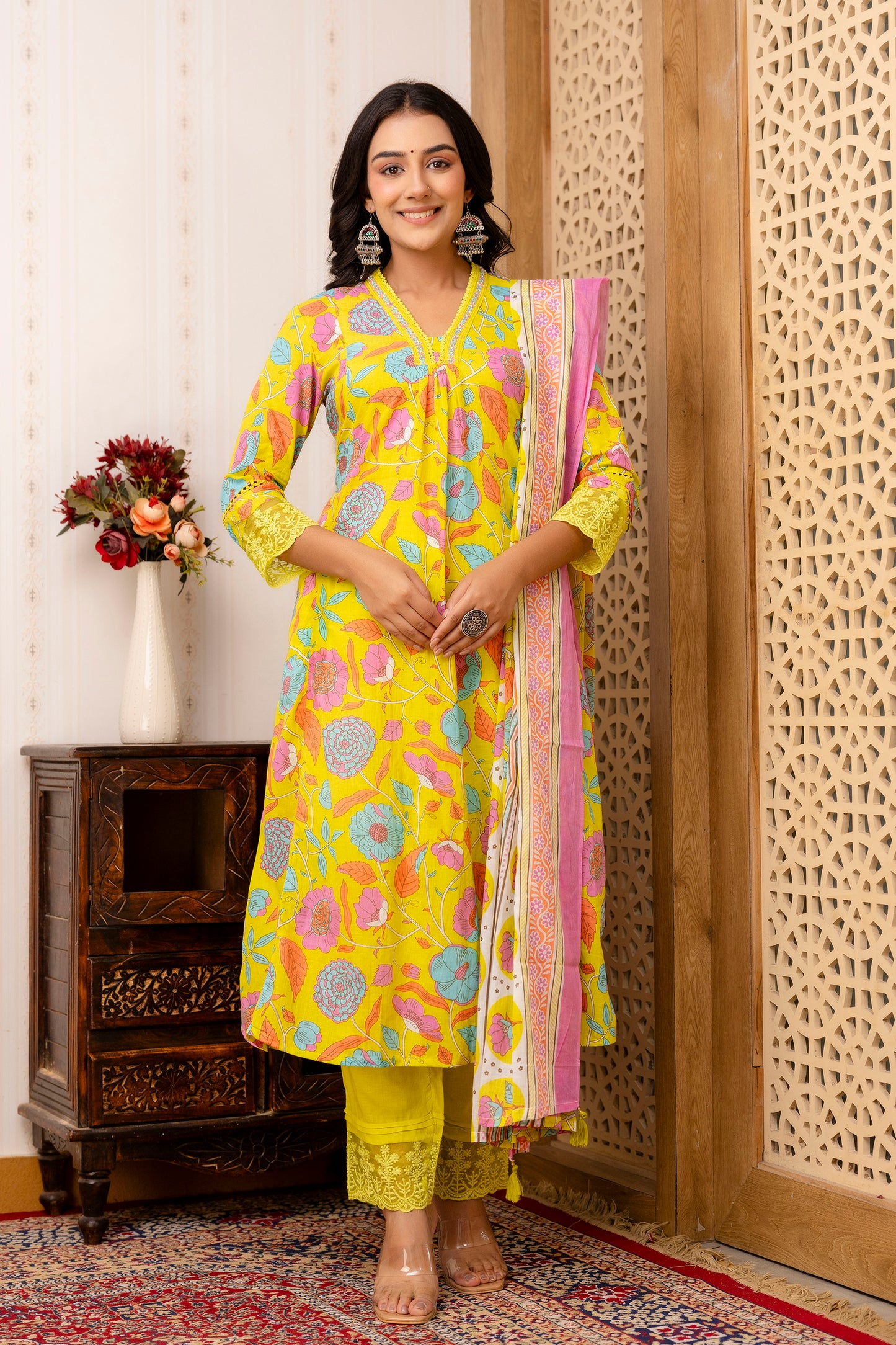 Anarkali Yellow Kurta Pant Dupatta Set