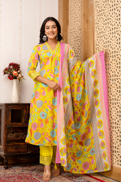 Anarkali Yellow Kurta Pant Dupatta Set