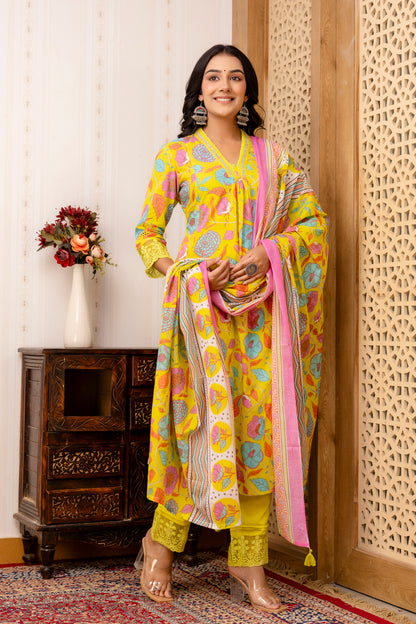 Anarkali Yellow Kurta Pant Dupatta Set