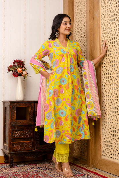 Anarkali Yellow Kurta Pant Dupatta Set