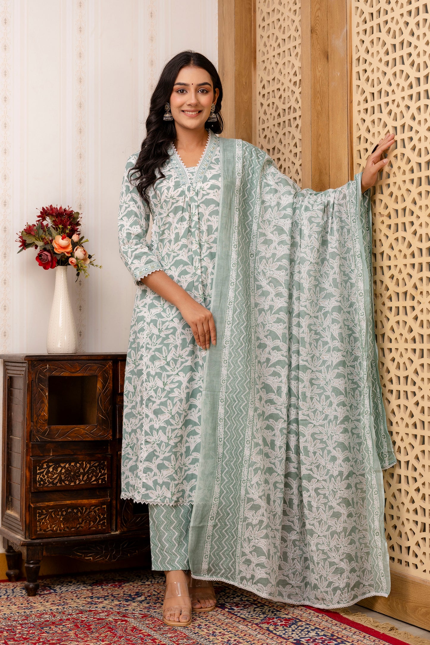 Light Green A-line kurta Pant Dupatta Set