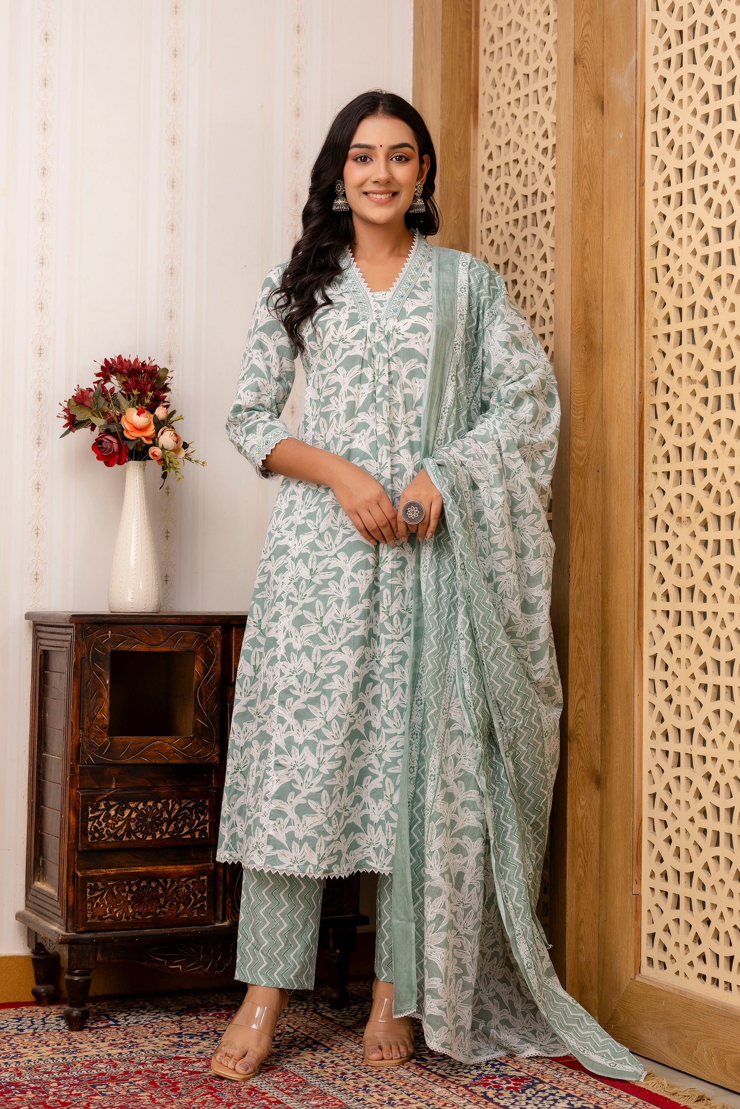 Light Green A-line kurta Pant Dupatta Set