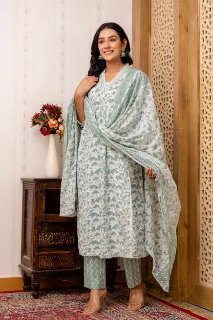 Light Green A-line kurta Pant Dupatta Set