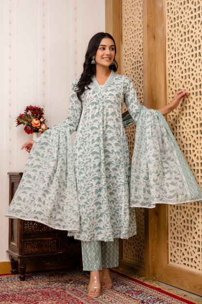 Light Green A-line kurta Pant Dupatta Set