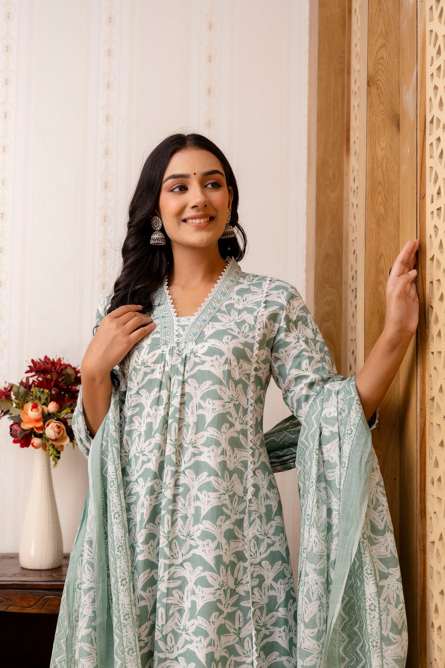 Light Green A-line kurta Pant Dupatta Set