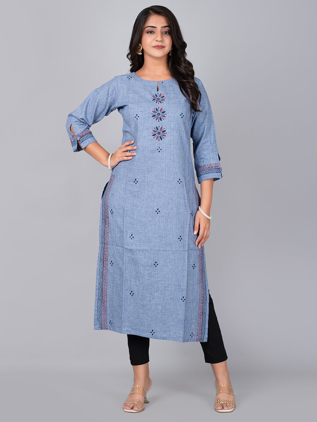 Blue Straight Kurta With Block Print