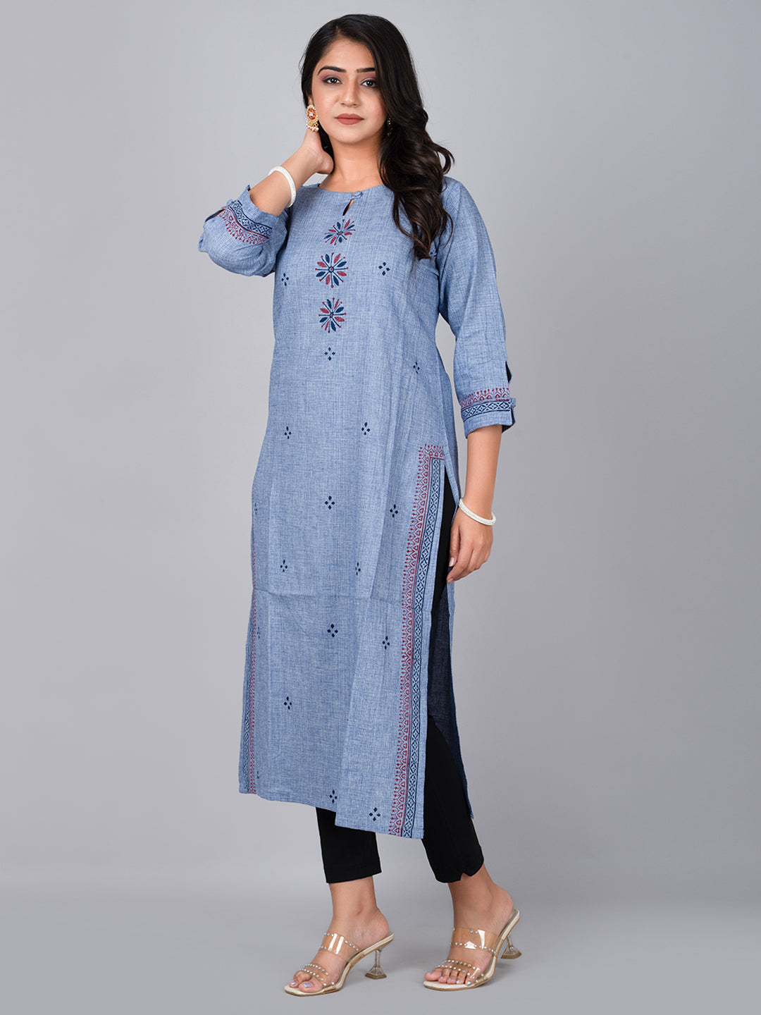 Blue Straight Kurta With Block Print