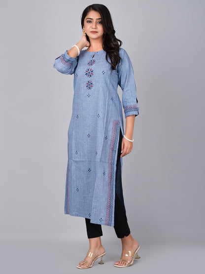 Blue Straight Kurta With Block Print