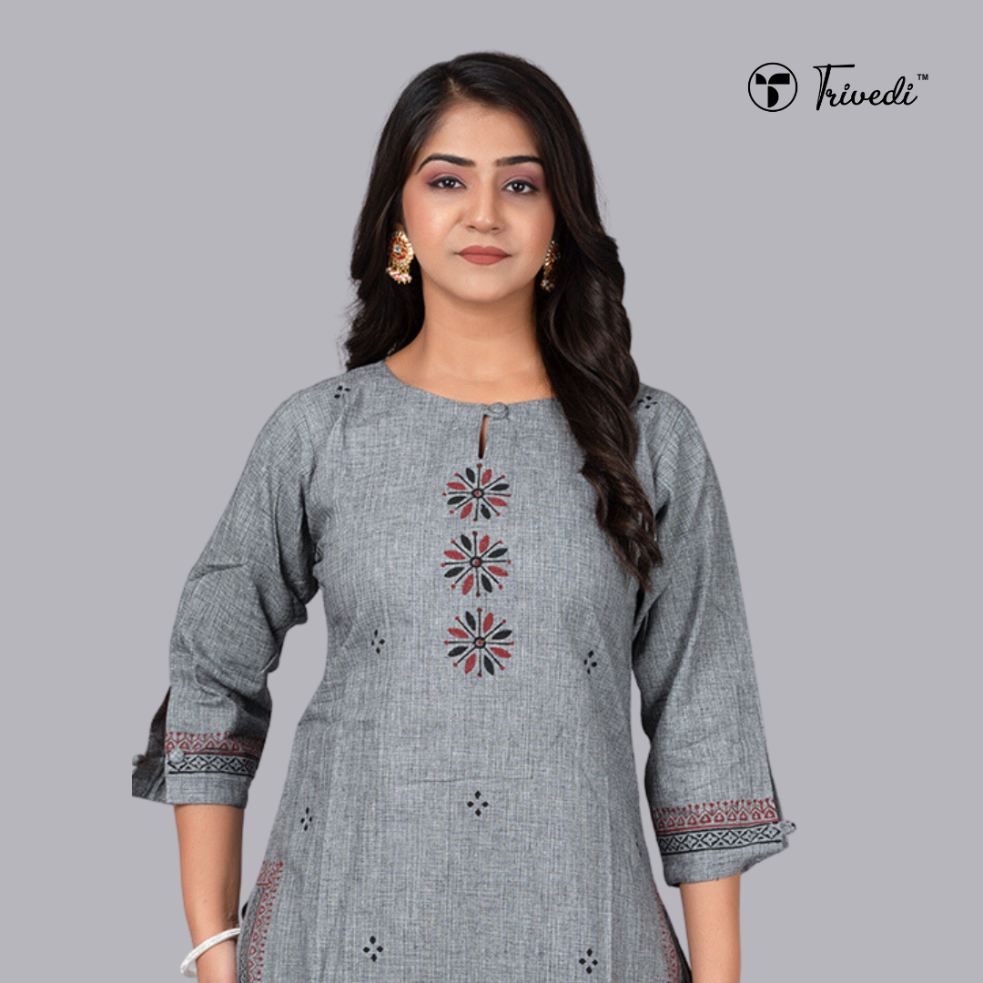 Grey Straight Kurta With Block Print