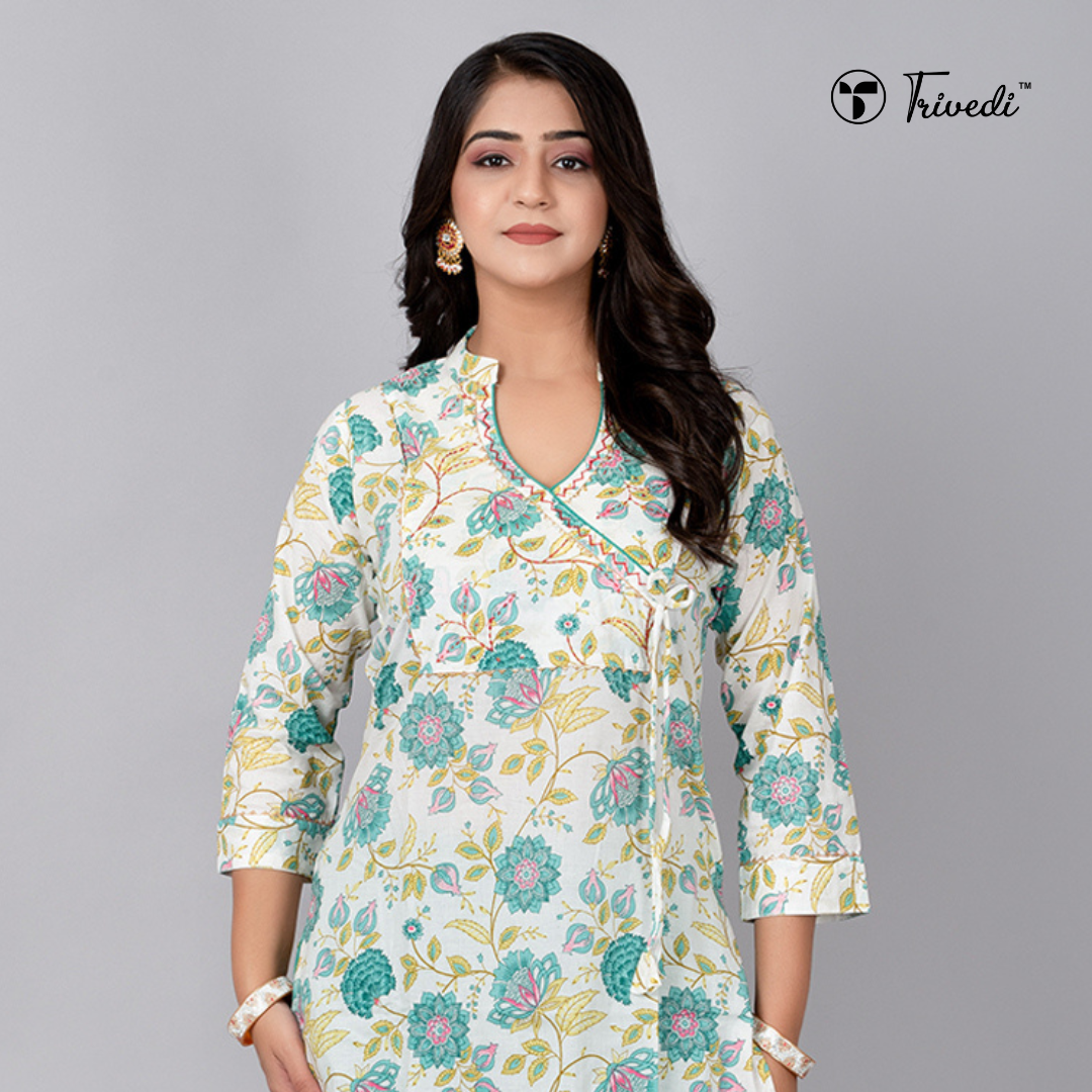 Cream Printed Stand collar Kurta with pant