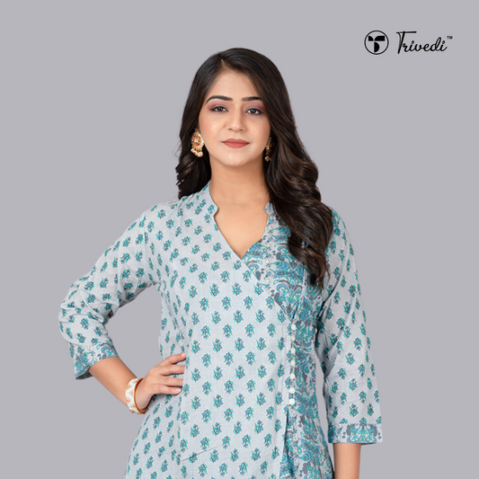 A-line kurta with stand coller neck & printed pant