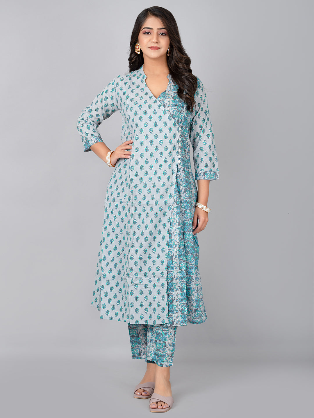 A-line kurta with stand coller neck & printed pant