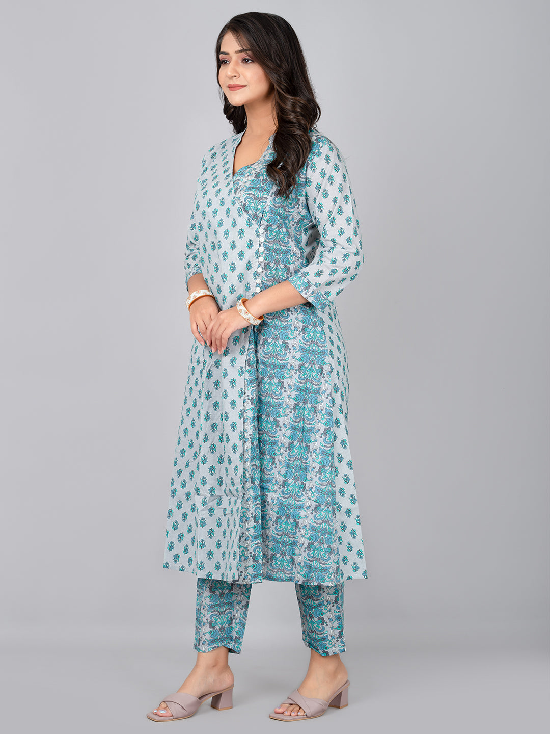 A-line kurta with stand coller neck & printed pant