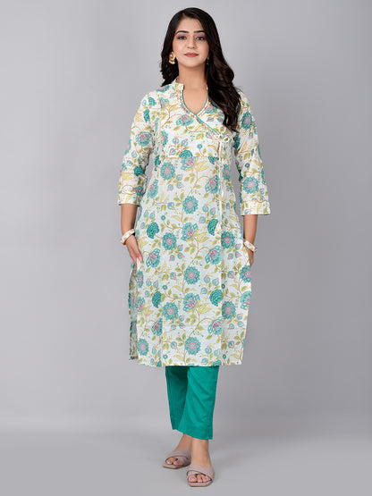 Cream Printed Stand collar Kurta with pant