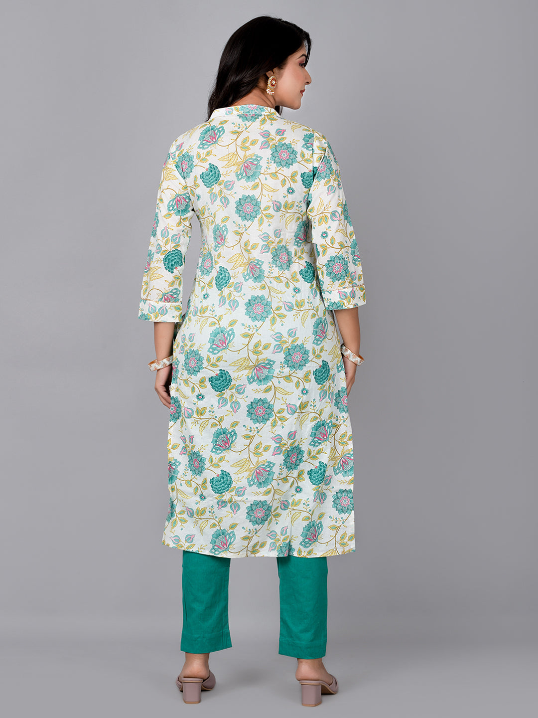 Cream Printed Stand collar Kurta with pant