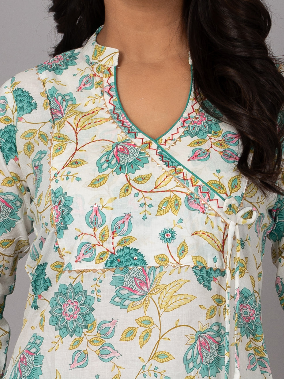 Cream Printed Stand collar Kurta with pant