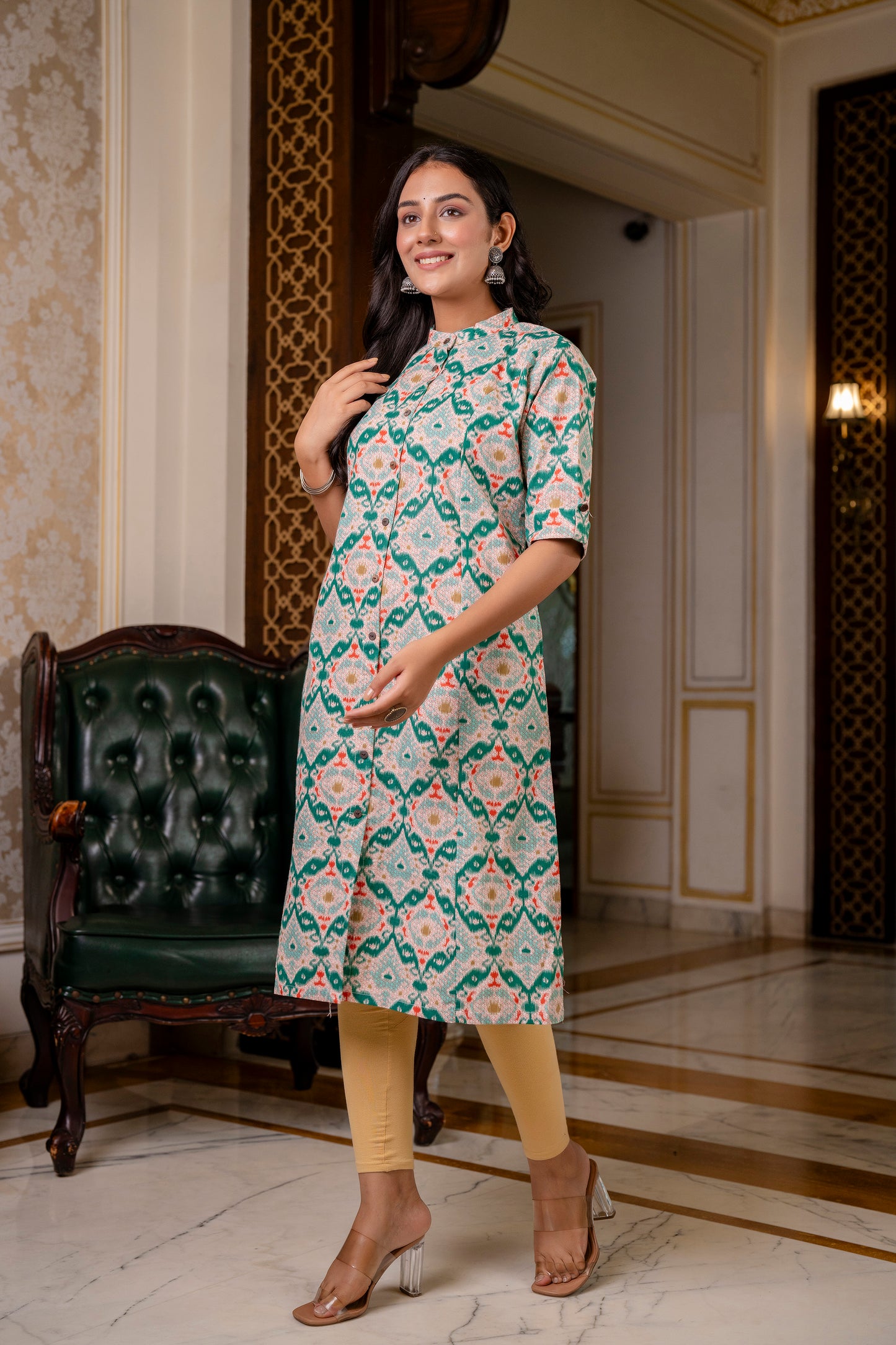 Traditional GreenMulticolor Print Kurti