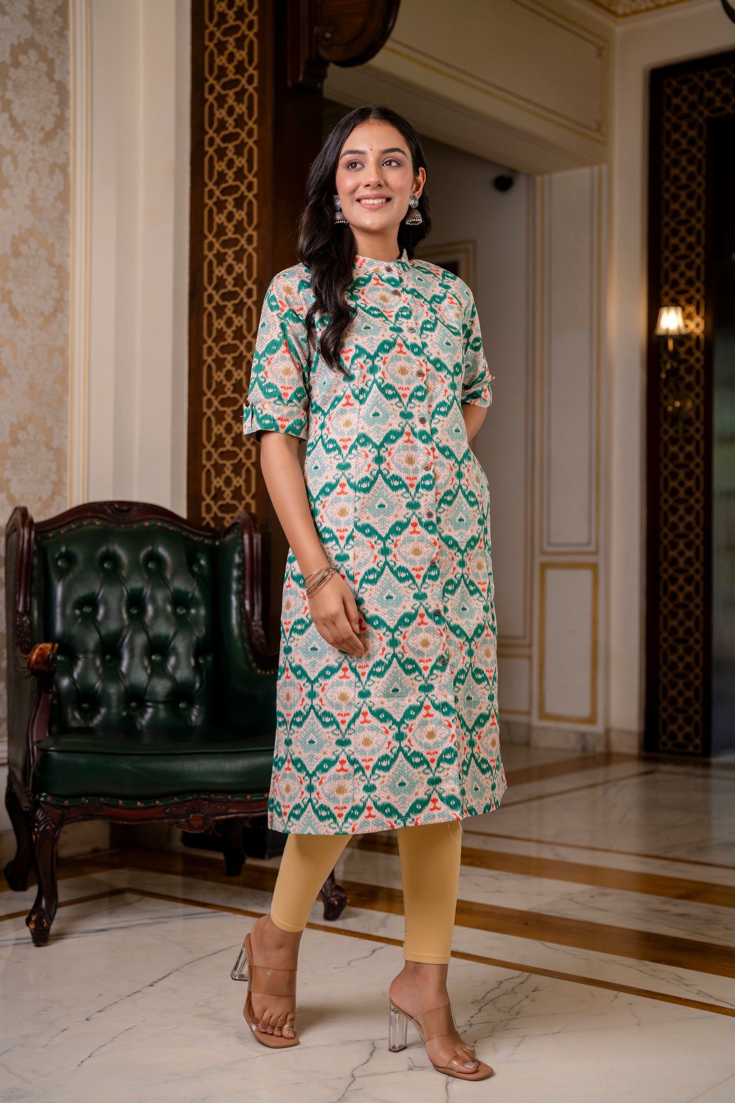 Traditional GreenMulticolor Print Kurti