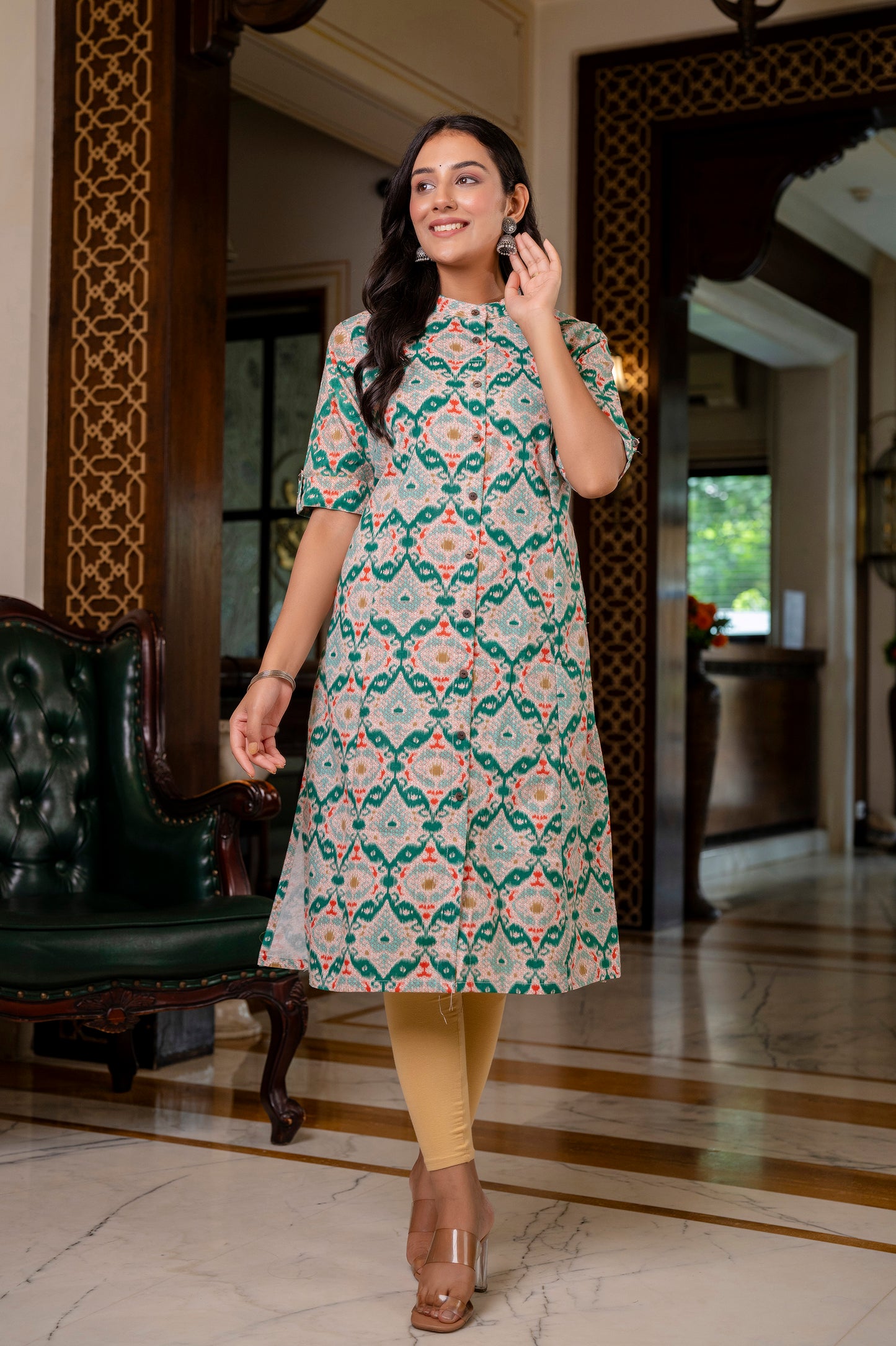 Traditional GreenMulticolor Print Kurti