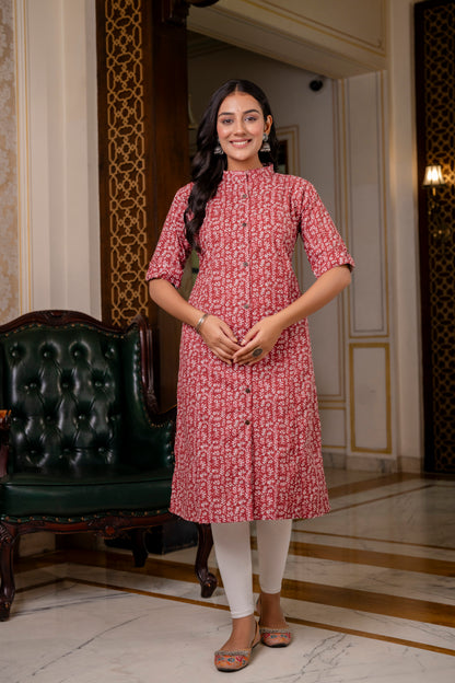 A-line Traditional Leaf Print Kurti