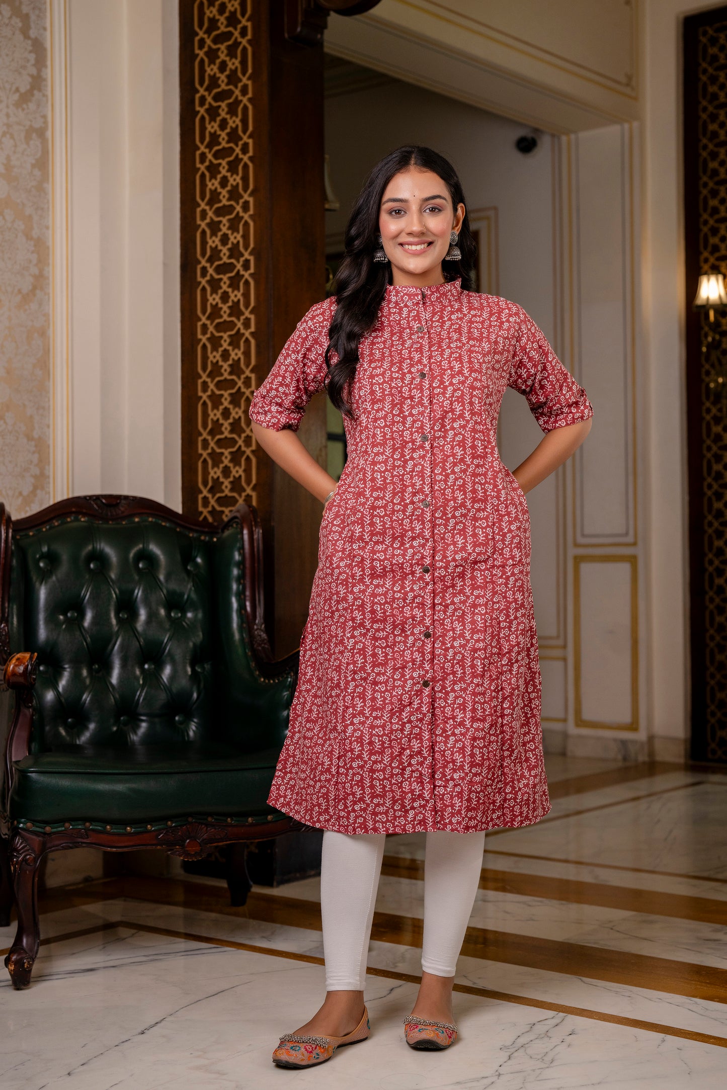 A-line Traditional Leaf Print Kurti