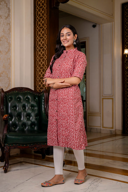 A-line Traditional Leaf Print Kurti