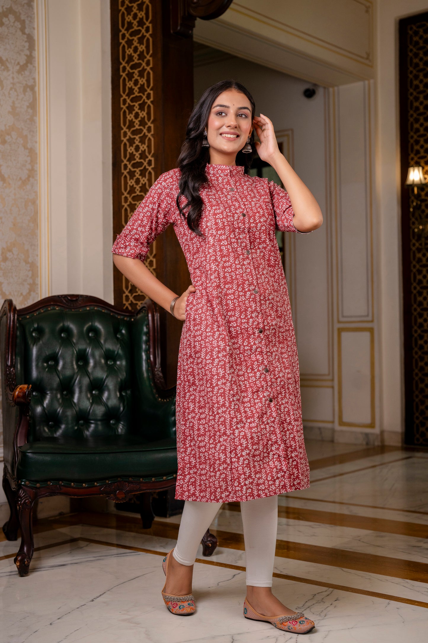 A-line Traditional Leaf Print Kurti