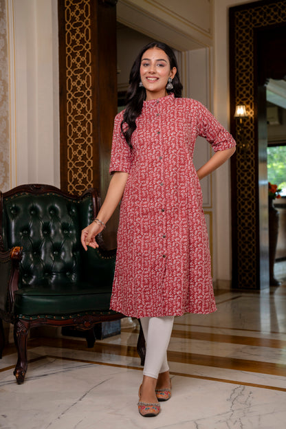 A-line Traditional Leaf Print Kurti