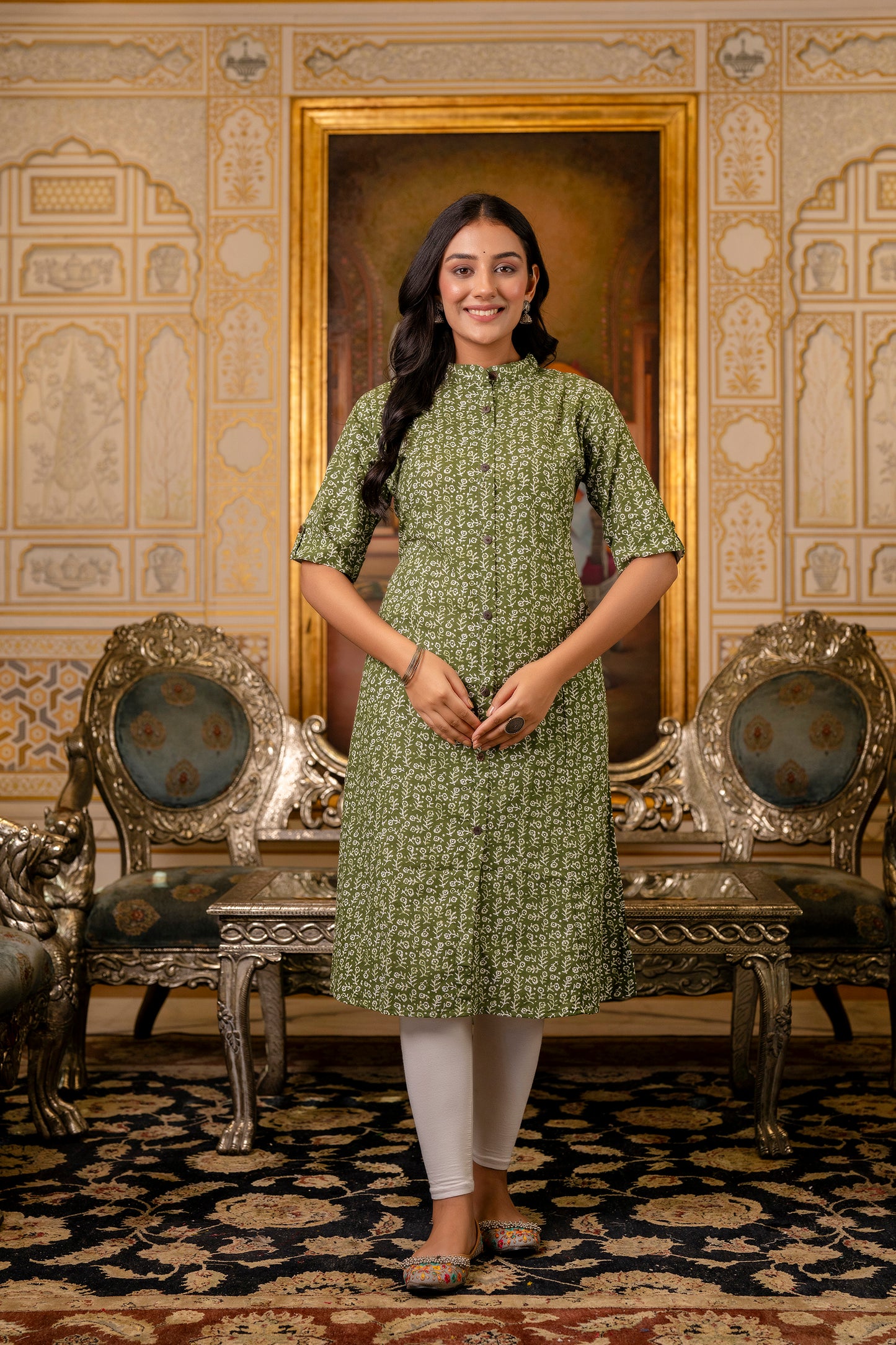 A-line Traditional Leaf Print Kurti