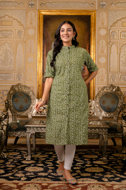 A-line Traditional Leaf Print Kurti