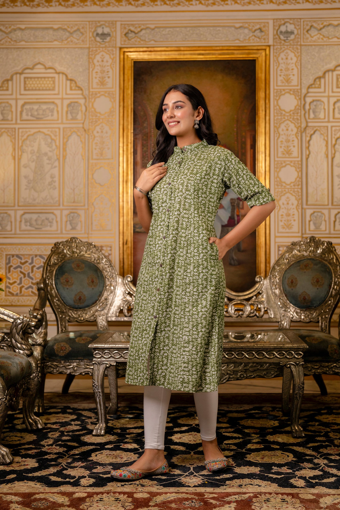 A-line Traditional Leaf Print Kurti