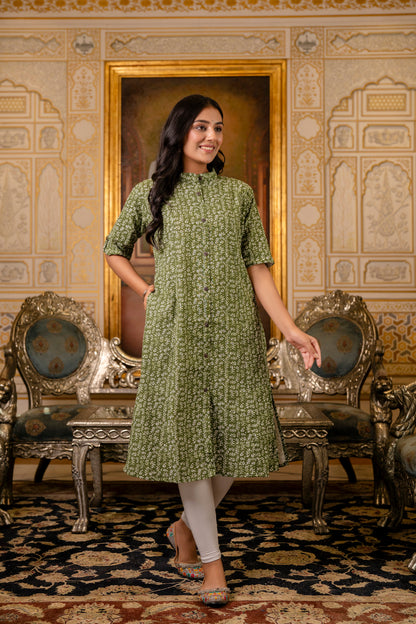 A-line Traditional Leaf Print Kurti