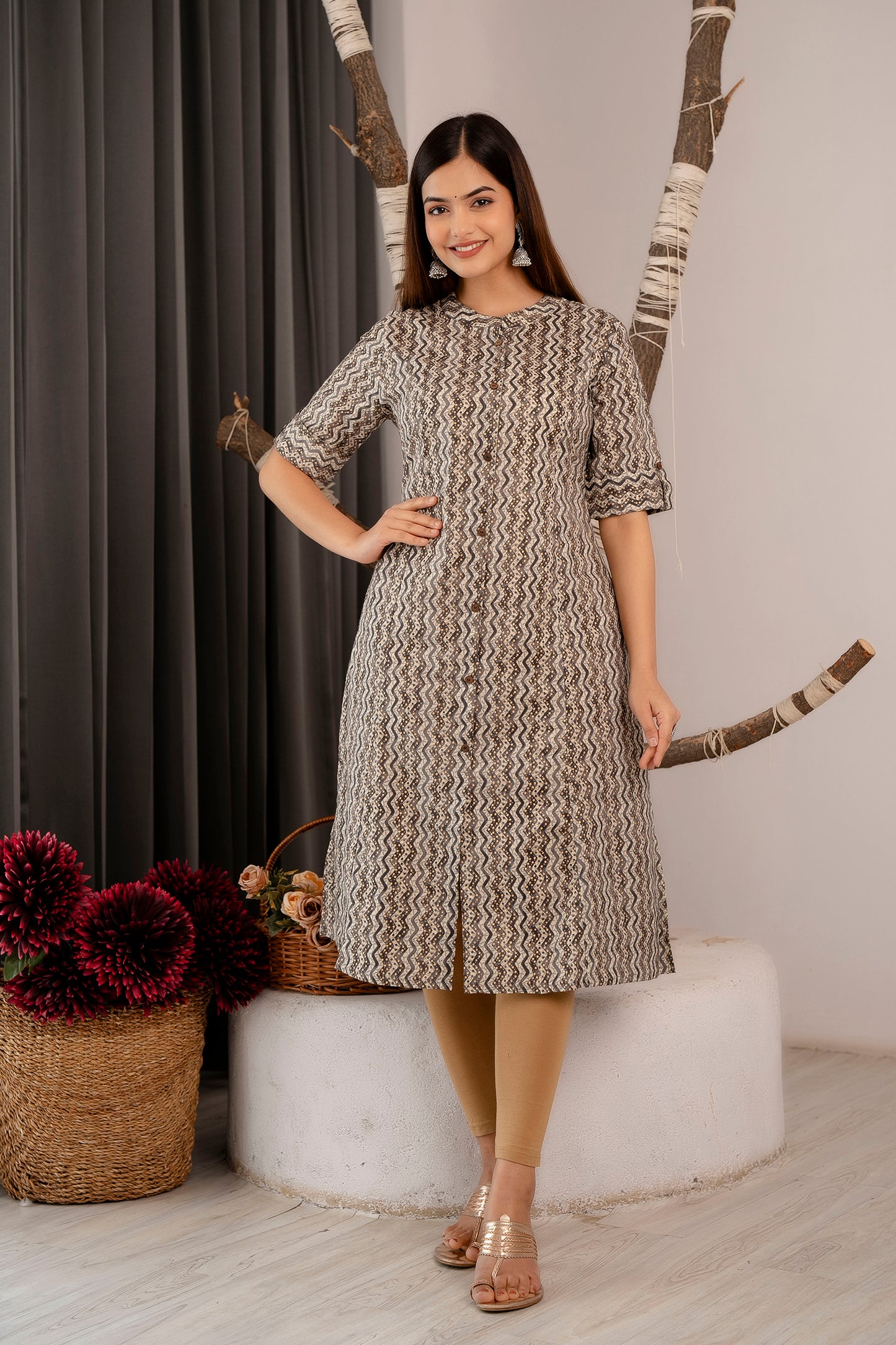 Zig-Zag Print A-line Office Wear Kurti