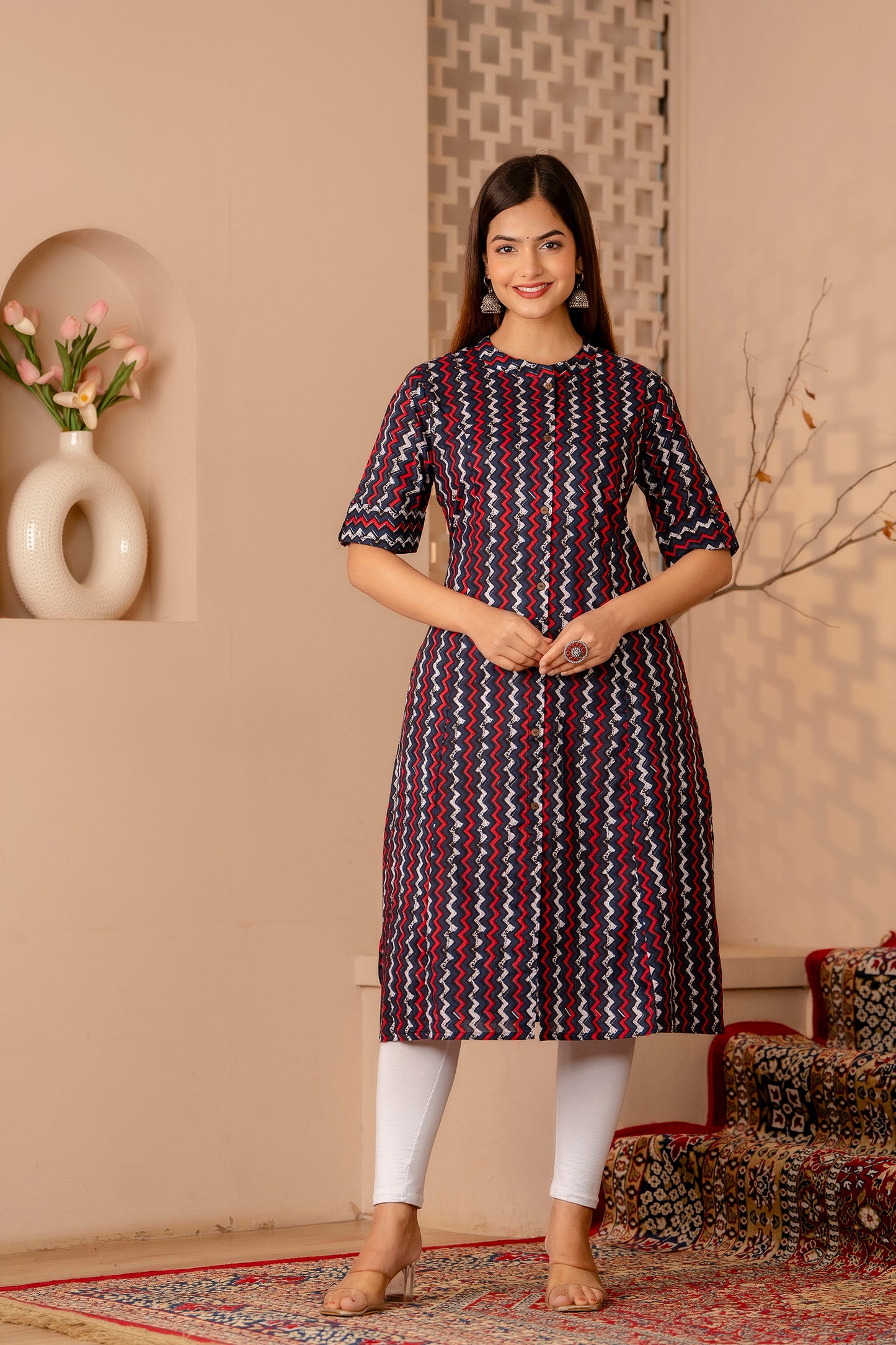 Zig-Zag Print A-line Office Wear Kurti