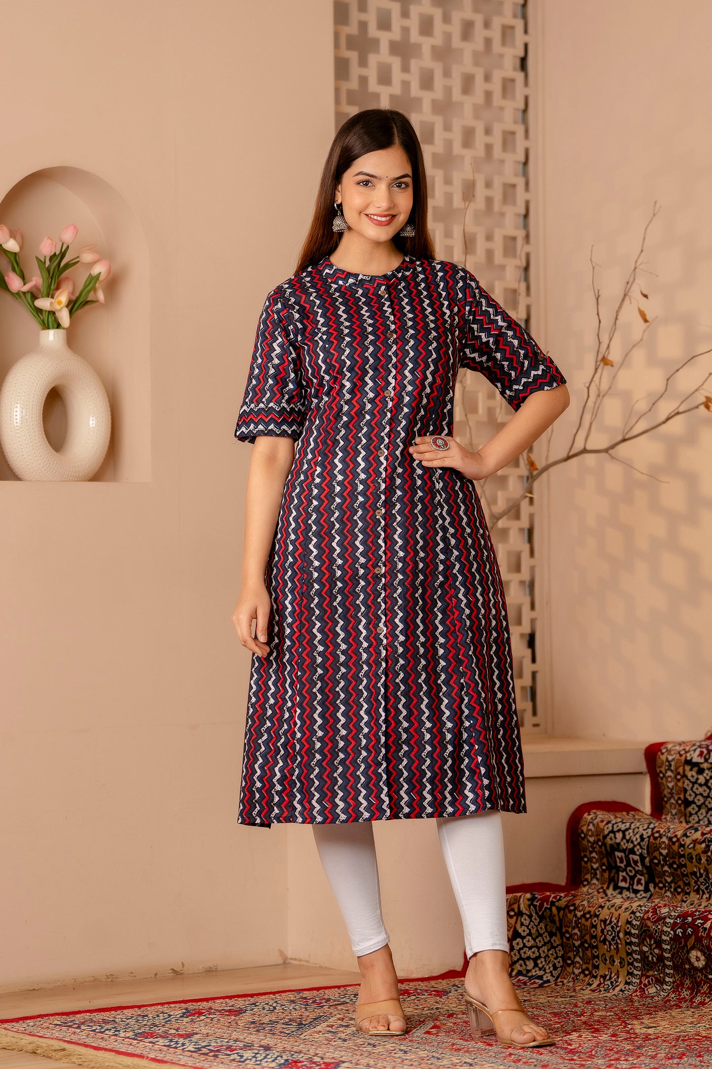 Zig-Zag Print A-line Office Wear Kurti